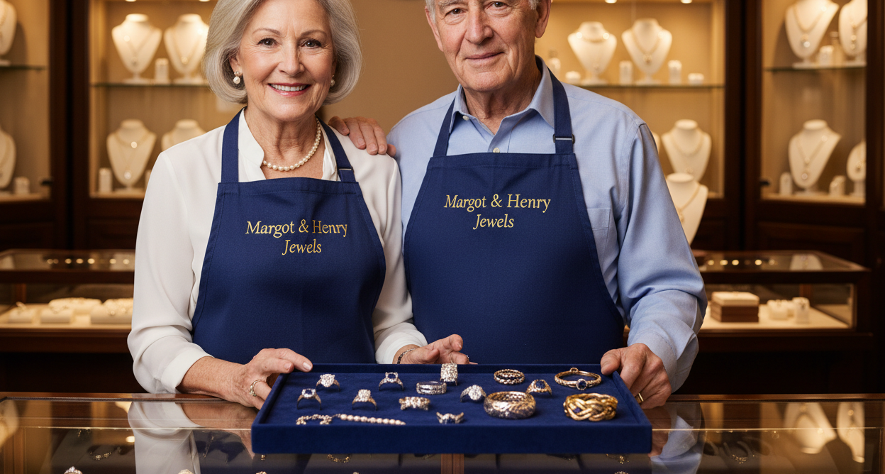generate a picture of a old couple jewleres wearing an apron witht the store name ingraved on it (Margot & Henry Jewels). they are standing infront of the jewlery counter showcasing thier jewlery on a jewlery trey.