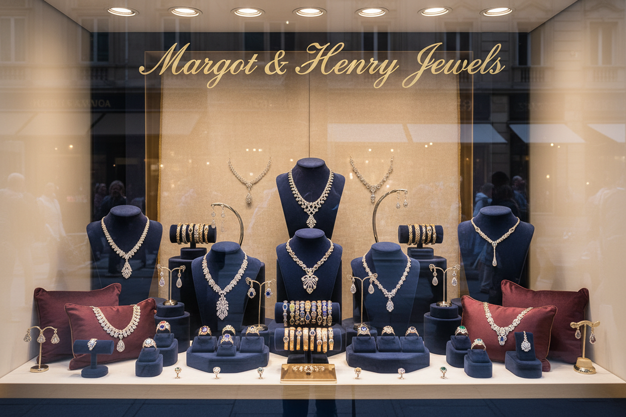window of Margot & Henry Jewels store, that has the name of the store on it, diplaying the jewelery on the store front
